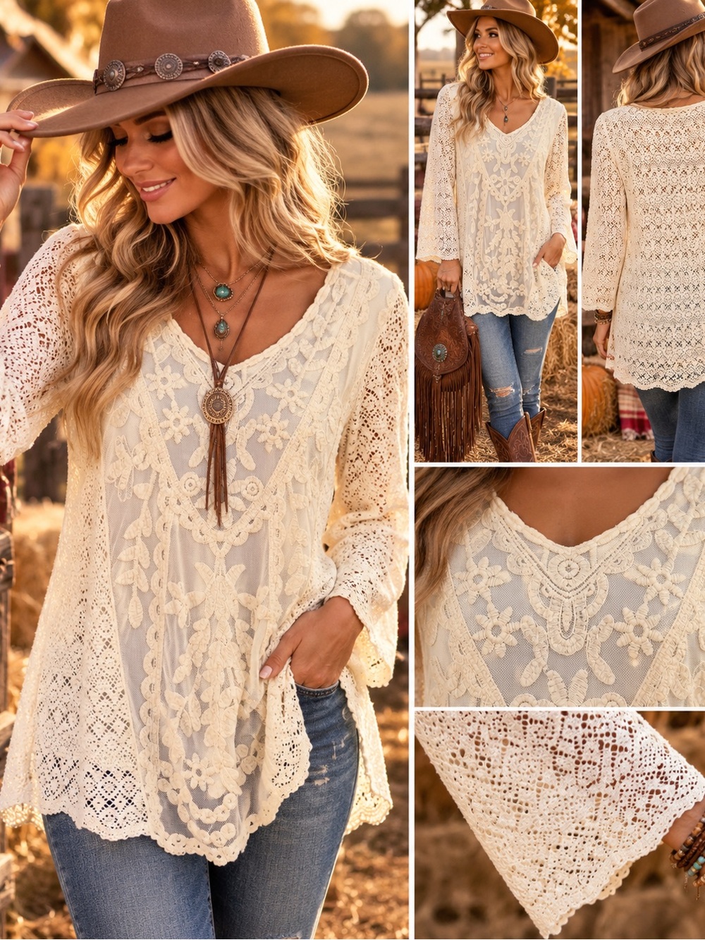 Reba Women’s Large Cream Lace Embroidered Western Boho Tunic Blouse Cottagecore